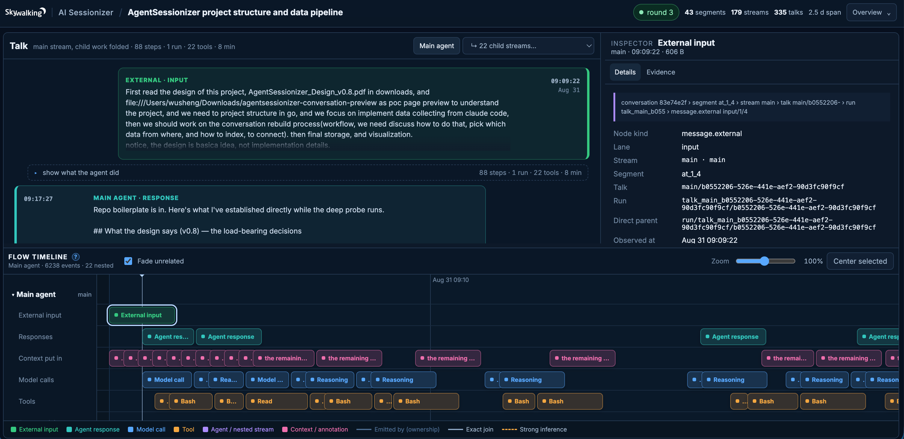 AI Sessionizer replay with a tool execution timeline, main and child stream navigation, and an evidence inspector.