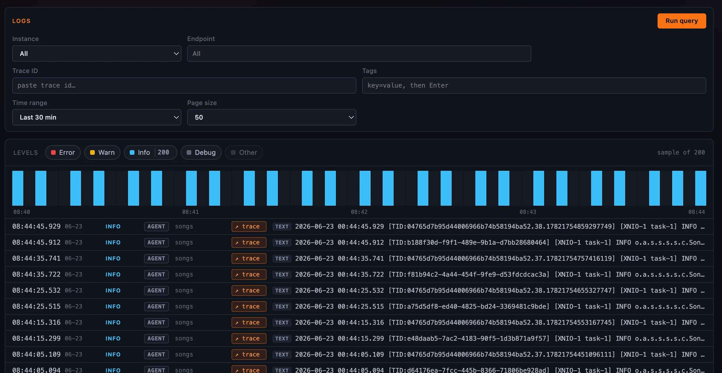 Horizon log explorer with level filters, a log timeline, and links to traces