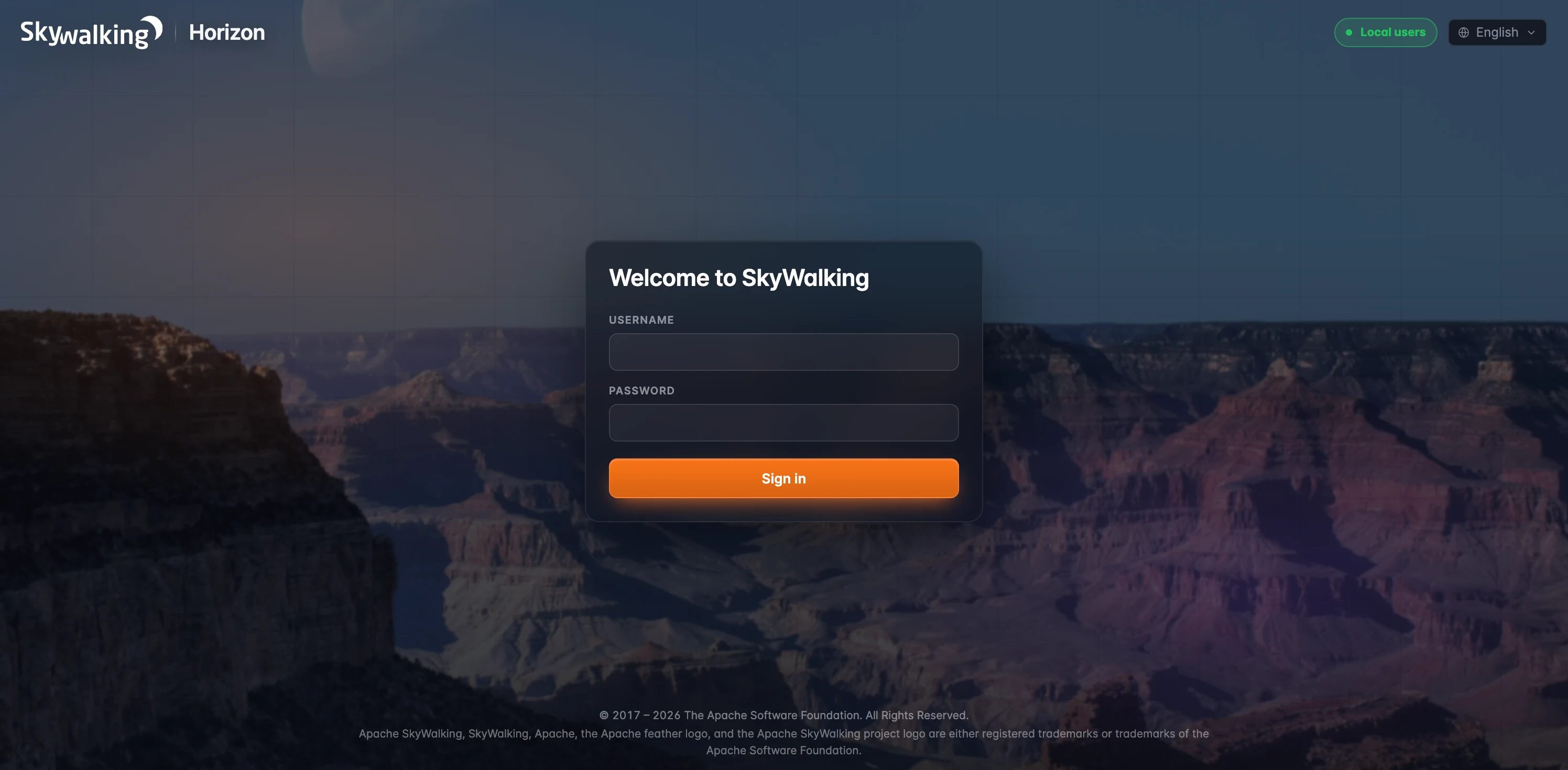 图 1：Horizon 登录页：显示 Local users 的认证后端状态 pill、语言选择器，以及峡谷背景上的用户名/密码表单。